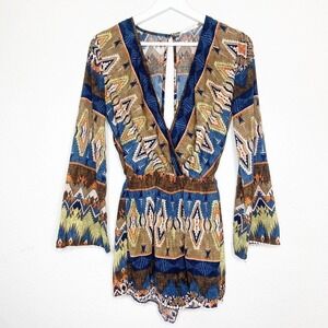 Illa Illa Brown Southwest Patterned Bell Sleeve Crochet Trim Romper Sz S